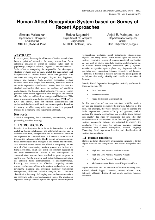 (PDF) Human Affect Recognition System based on Survey of Recent Approaches