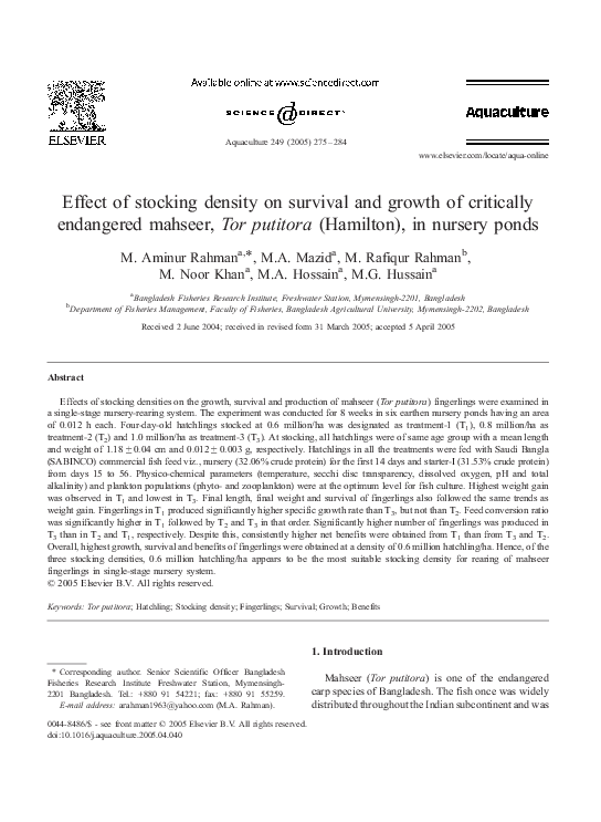 (PDF) Effect of stocking density on survival and growth of critically ...