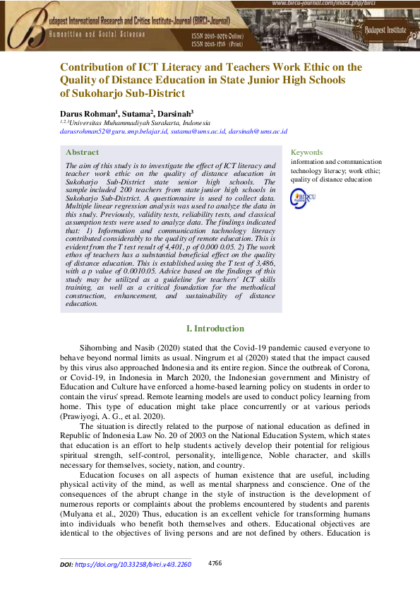 (PDF) Contribution of ICT Literacy and Teachers Work Ethic on the ...