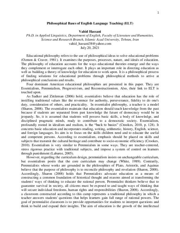 (PDF) Philosophical Bases of English Language Teaching (ELT) (2021