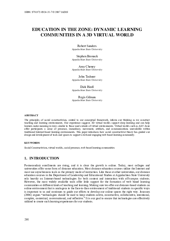 (PDF) Education in the zone: Dynamic learning communities in a 3D ...