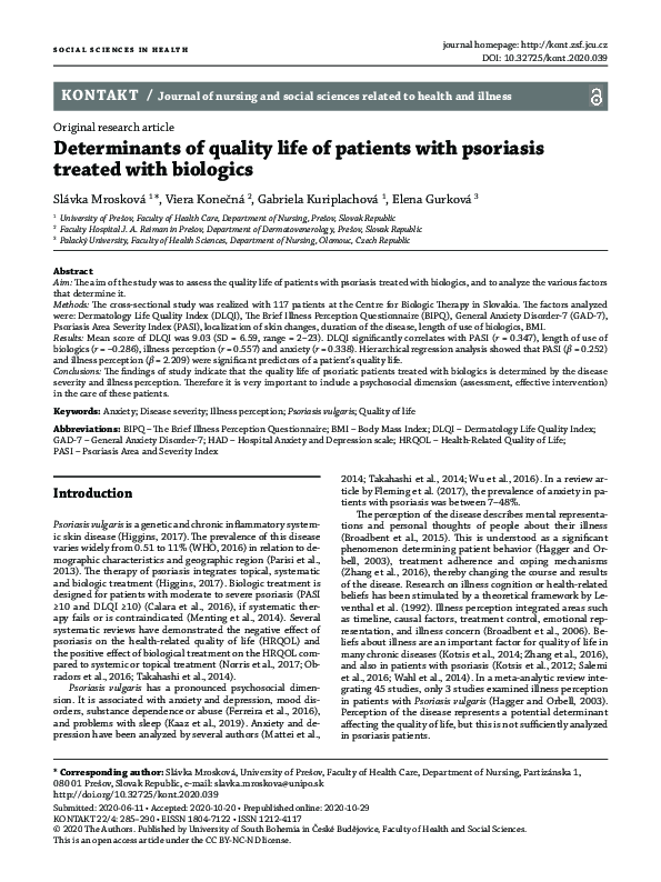(PDF) Determinants of quality life of patients with psoriasis treated ...