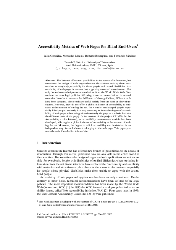 (PDF) Accessibility Metrics of Web Pages for Blind End-Users | Roberto ...