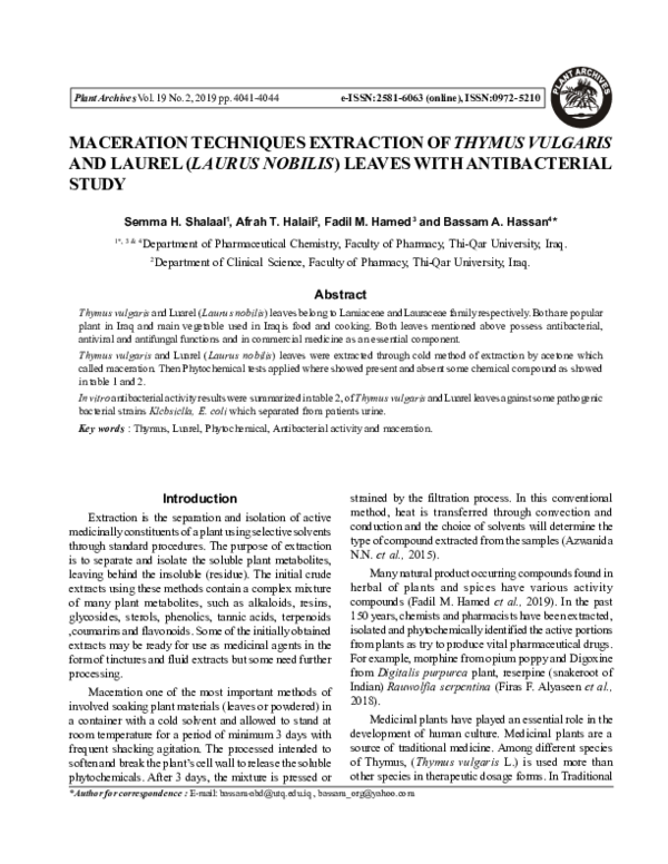 (PDF) MACERATION TECHNIQUES EXTRACTION OF THYMUS VULGARIS AND LAUREL (LAURUS NOBILIS) LEAVES