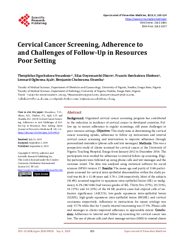 (PDF) Cervical Cancer Screening, Adherence to and Challenges of Follow ...