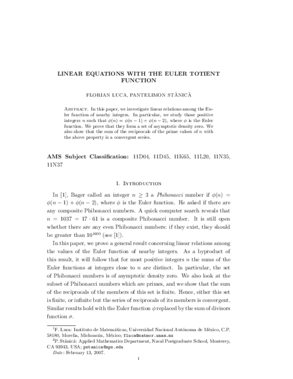 (PDF) Linear equations with the Euler totient function