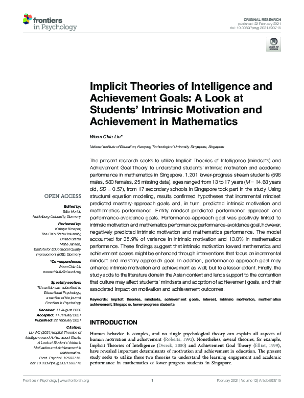 (PDF) Implicit Theories of Intelligence and Achievement Goals: A Look ...