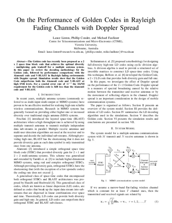 (PDF) On the Performance of Golden Codes in Rayleigh Fading Channels ...