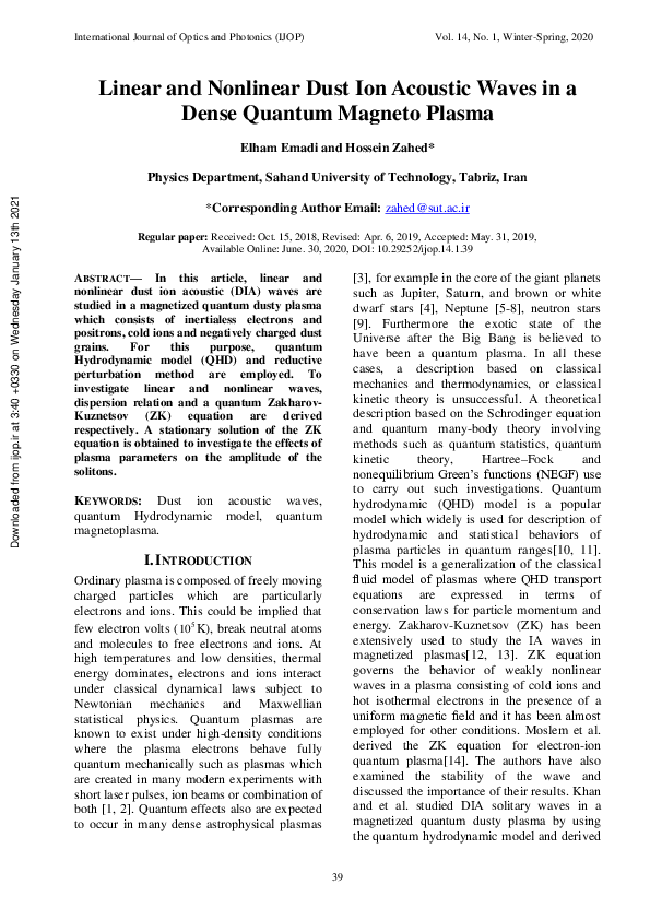 (PDF) Linear and Nonlinear Dust Ion Acoustic Waves in a Dense Quantum ...