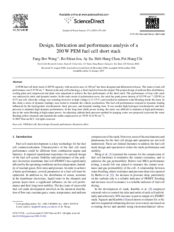 (PDF) Design, fabrication and performance analysis of a 200 W PEM fuel ...