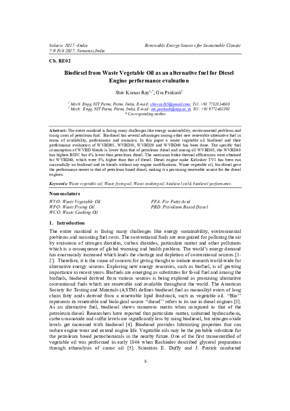 (PDF) Biodiesel from Waste Vegetable Oil as an alternative fuel for ...