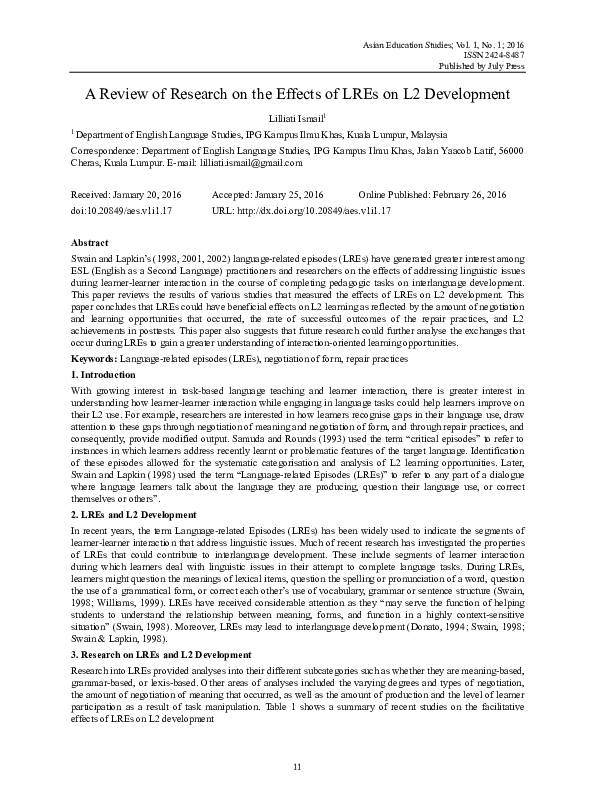 (PDF) A Review of Research on the Effects of LREs on L2 Development