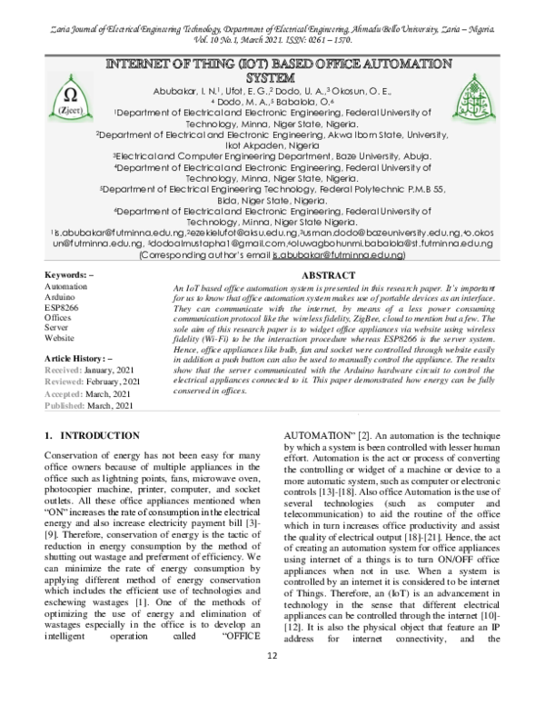 (PDF) INTERNET OF THING (IOT) BASED OFFICE AUTOMATION SYSTEM