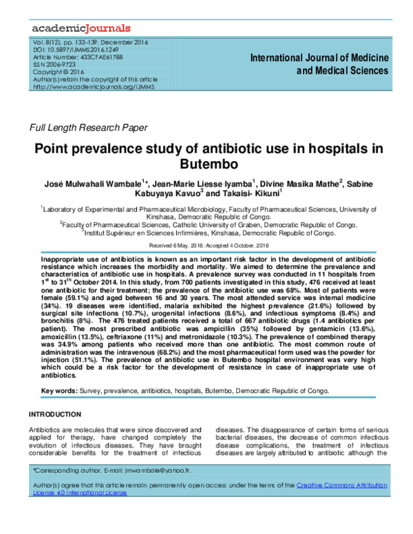 (PDF) Point prevalence study of antibiotic use in hospitals in Butembo