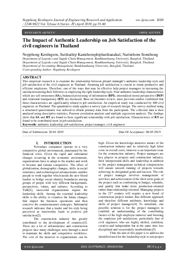 (PDF) The Impact of Authentic Leadership on Job Satisfaction of the ...