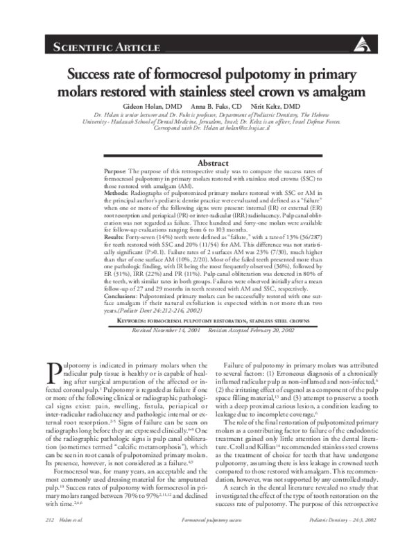 (PDF) Success rate of formocresol pulpotomy in primary molars restored