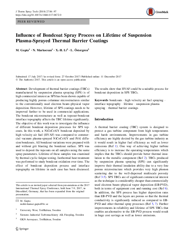 (PDF) Influence of Bondcoat Spray Process on Lifetime of Suspension ...