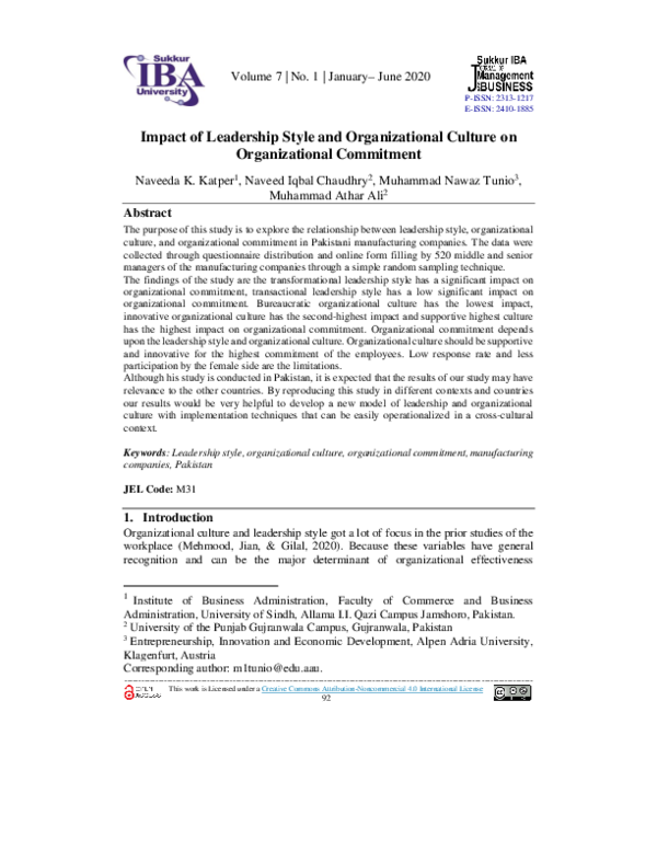 (PDF) Impact of Leadership Style and Organizational Culture on ...