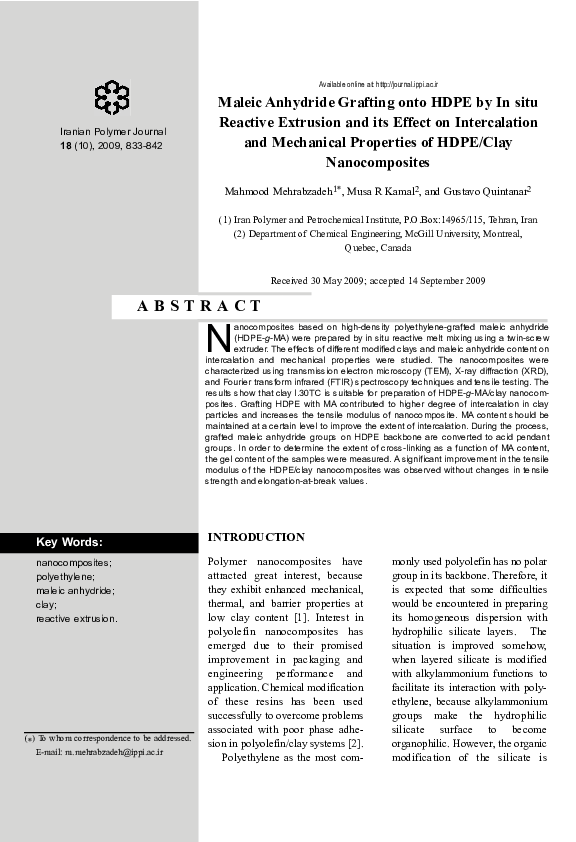 (PDF) Maleic anhydride grafting onto HDPE by in situ reactive extrusion ...