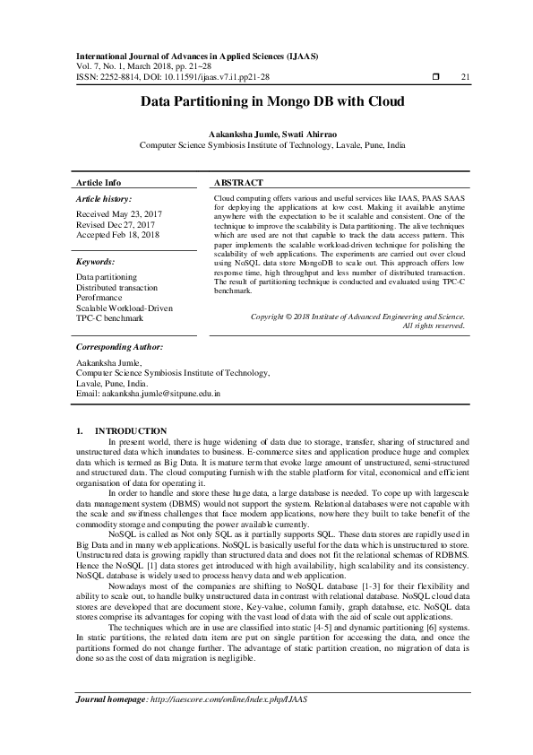 (PDF) Data Partitioning in Mongo DB with Cloud IJAAS Journal Academia.edu