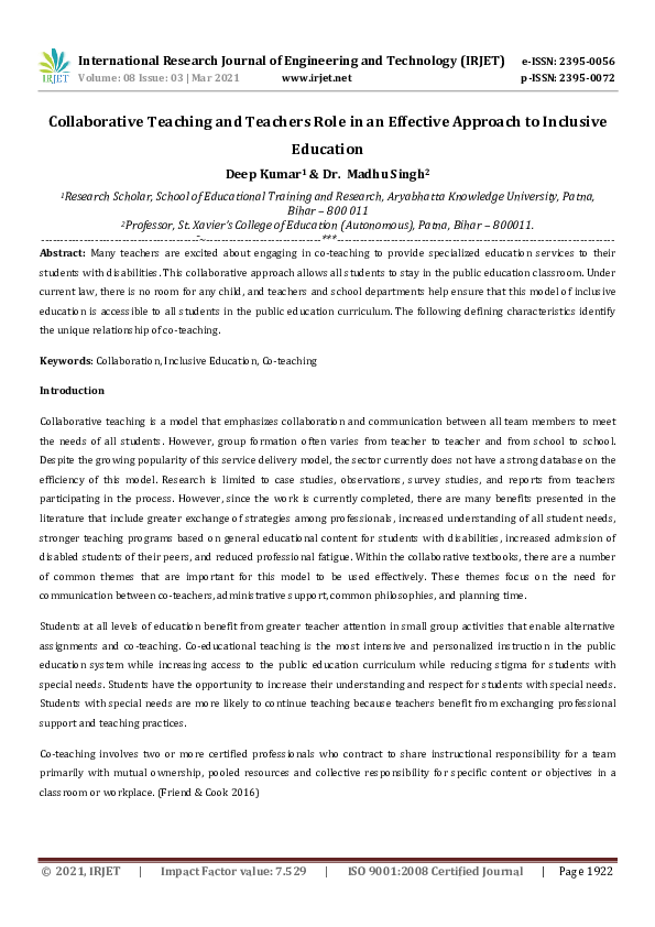 (PDF) Collaborative Teaching and Teachers Role in an Effective Approach ...
