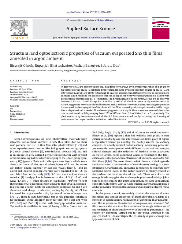 (PDF) Structural and optoelectronic properties of vacuum evaporated SnS ...