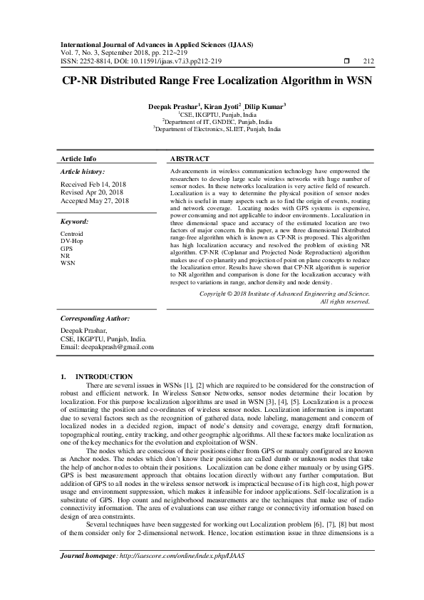 (PDF) CP-NR Distributed Range Free Localization Algorithm in WSN
