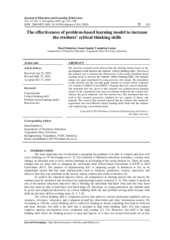 (PDF) The effectiveness of problem-based learning model to increase the ...