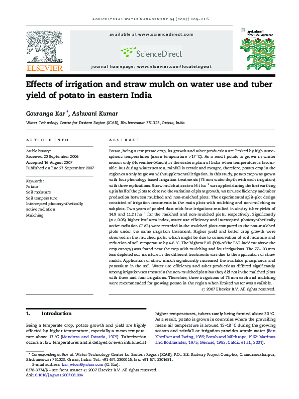 (PDF) Effects of irrigation and straw mulch on water use and tuber ...