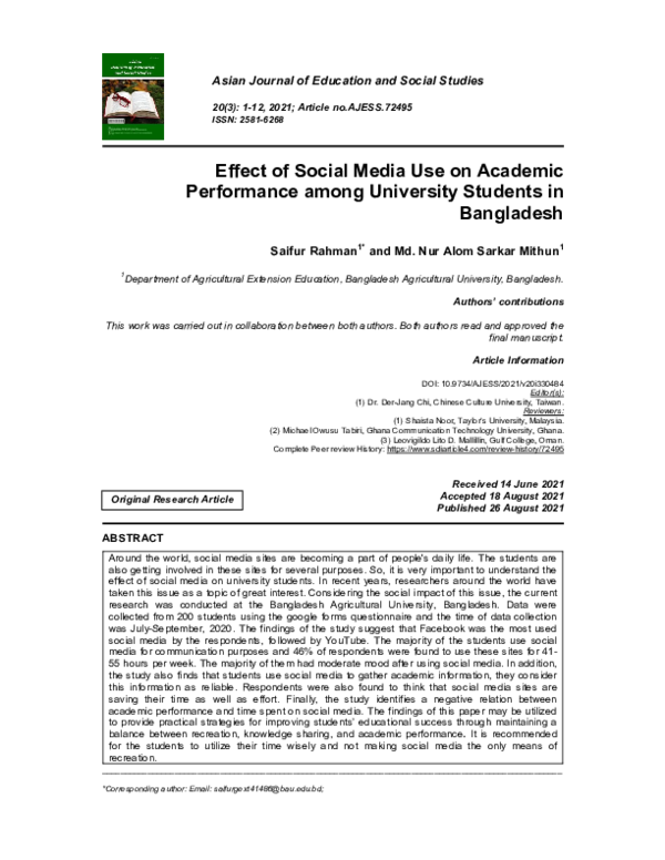 (PDF) Effect of Social Media Use on Academic Performance among ...