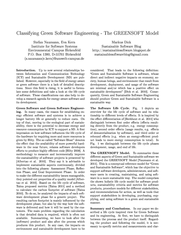 (PDF) Classifying Green Software Engineering - The GREENSOFT Model