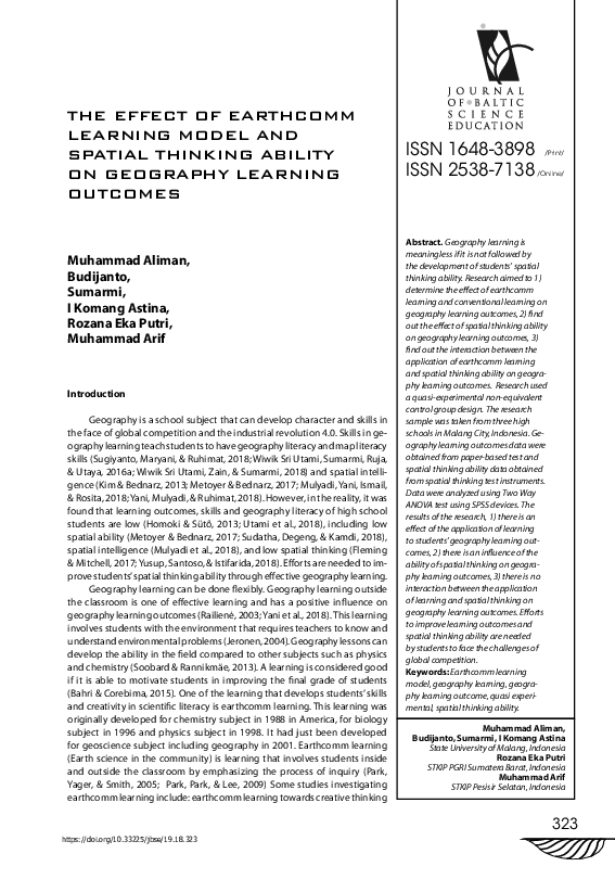 (PDF) The Effect of Earthcomm Learning Model and Spatial Thinking ...