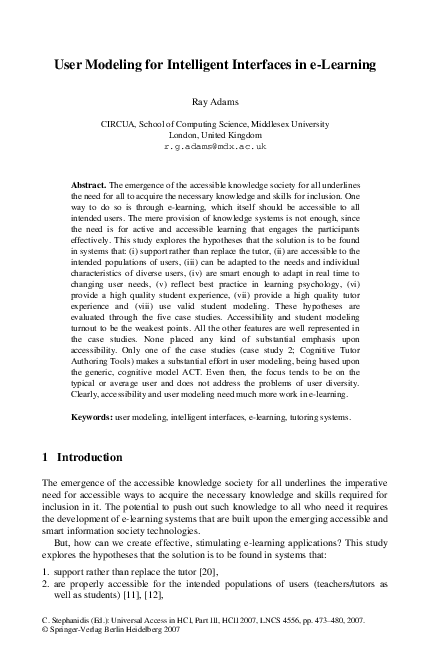 (PDF) User Modeling for Intelligent Interfaces in e-Learning