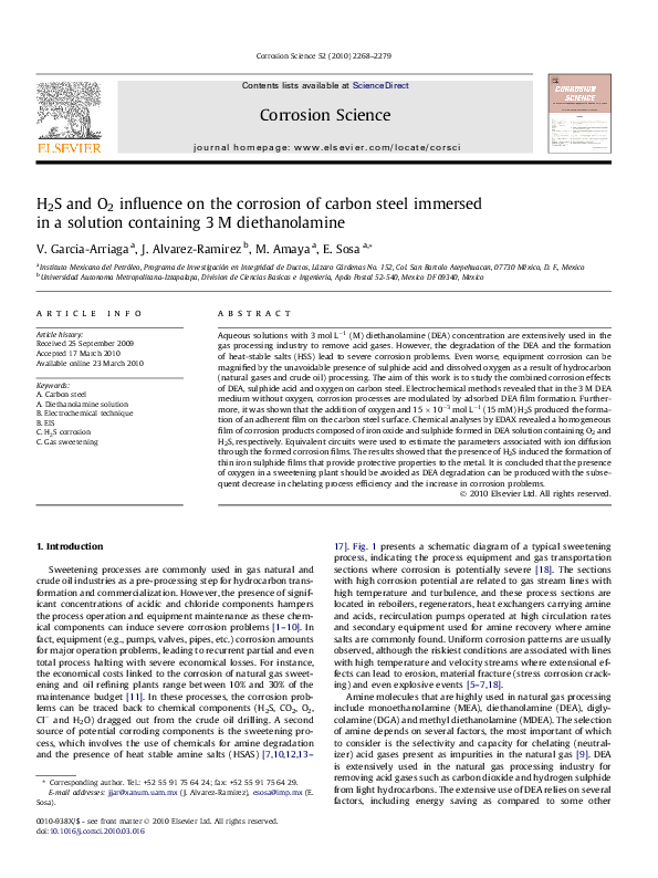 (PDF) H 2S and O 2 influence on the corrosion of carbon steel immersed ...