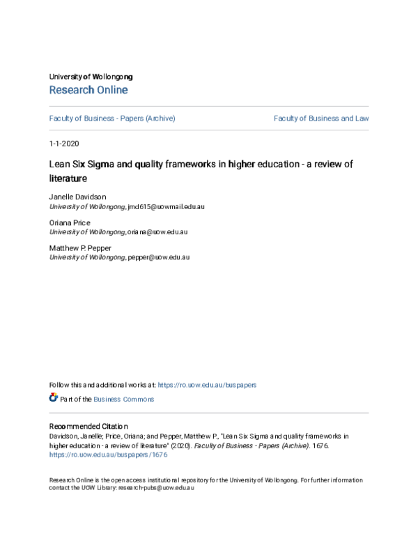 (PDF) Lean Six Sigma and quality frameworks in higher education – a ...