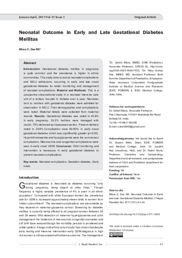 (PDF) Neonatal Outcome in Early and Late Gestational Diabetes Mellitus