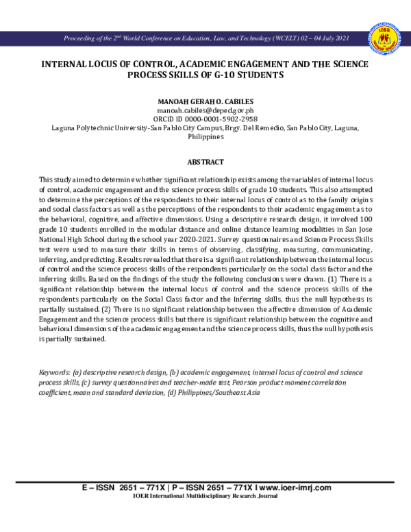 (PDF) INTERNAL LOCUS OF CONTROL, ACADEMIC ENGAGEMENT AND THE SCIENCE ...