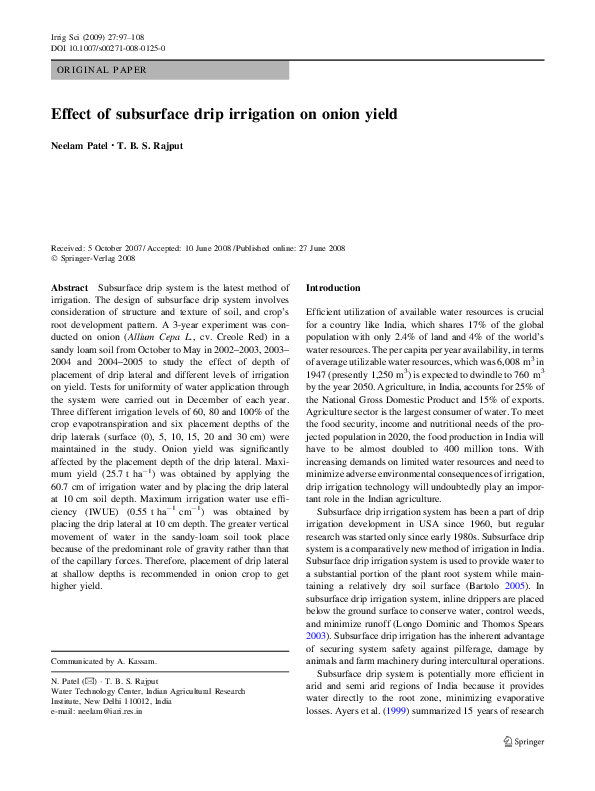 (PDF) Effect of subsurface drip irrigation on onion yield