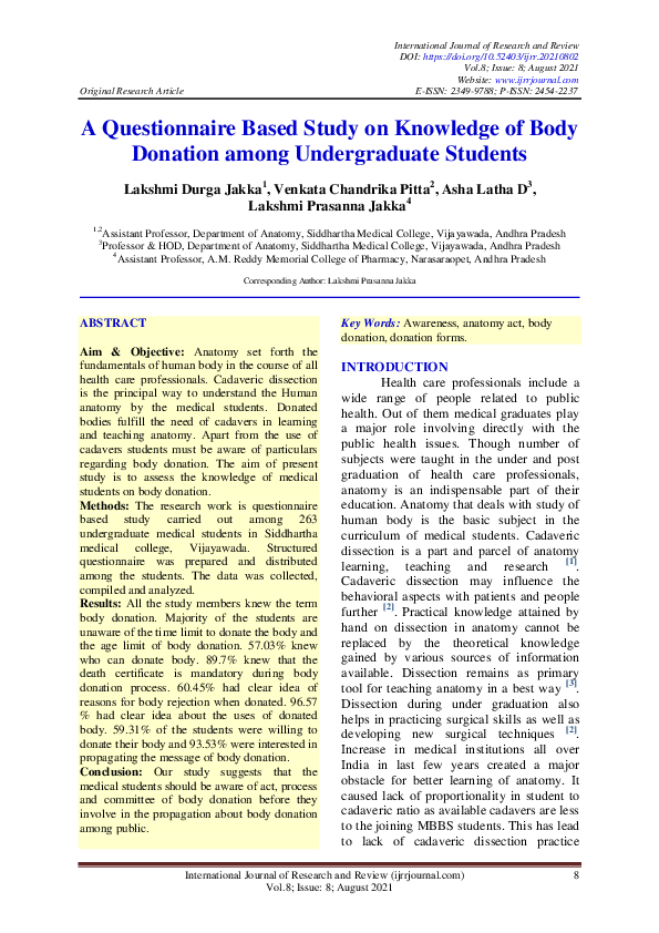 (PDF) A Questionnaire Based Study on Knowledge of Body Donation among ...