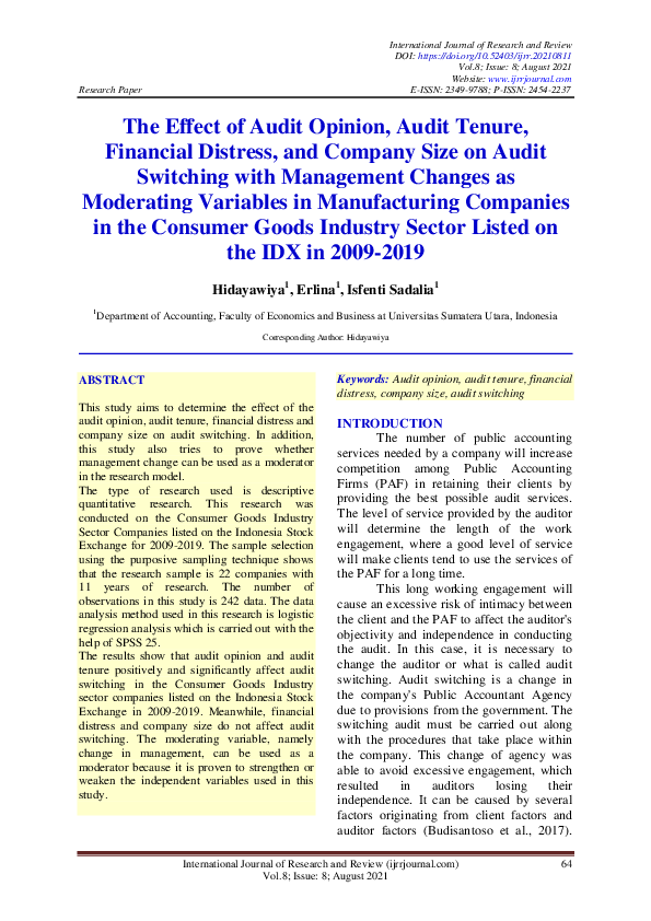 (PDF) The Effect of Audit Opinion, Audit Tenure, Financial Distress ...