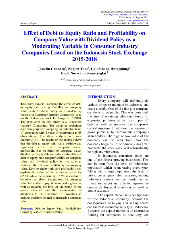 (PDF) Effect of Debt to Equity Ratio and Profitability on Company Value ...