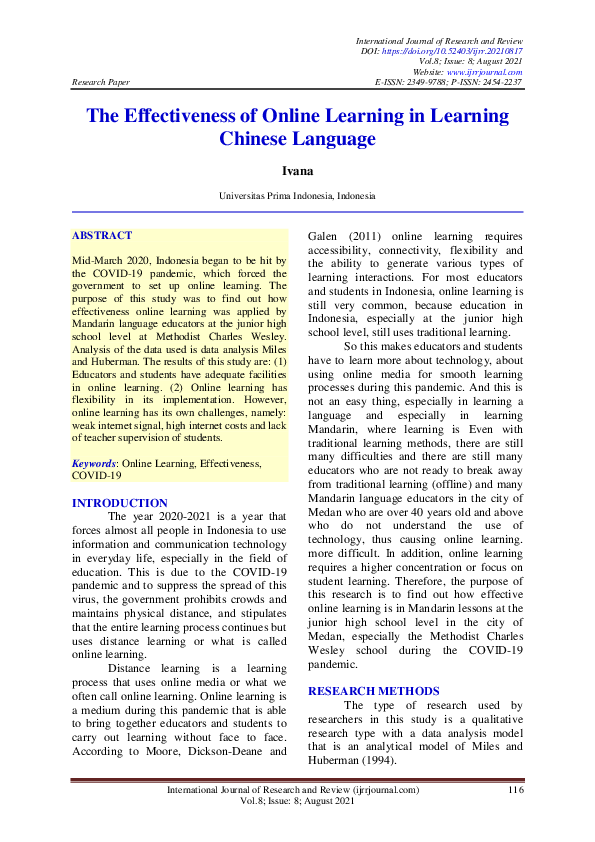(PDF) The Effectiveness of Online Learning in Learning Chinese Language