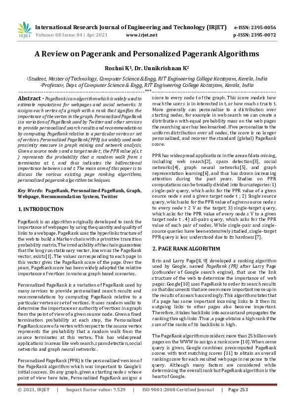 (PDF) IRJET- A Review on Pagerank and Personalized Pagerank Algorithms