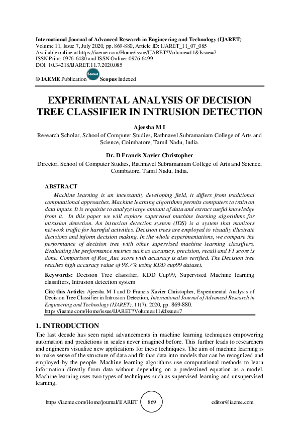 (PDF) EXPERIMENTAL ANALYSIS OF DECISION TREE CLASSIFIER IN INTRUSION ...