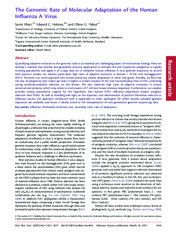 (PDF) The genomic rate of molecular adaptation of the human influenza A ...