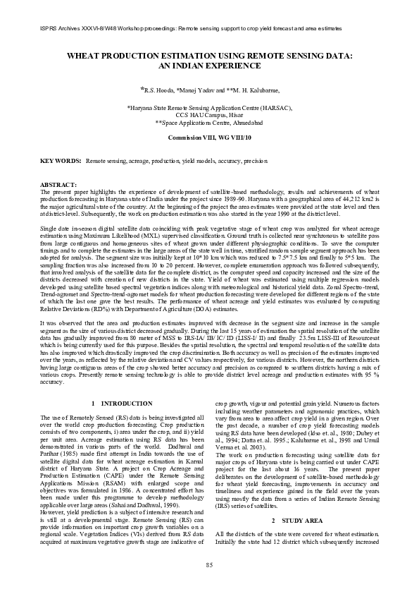(PDF) Wheat Production Estimation Using Remote Sensing Data: An Indian ...