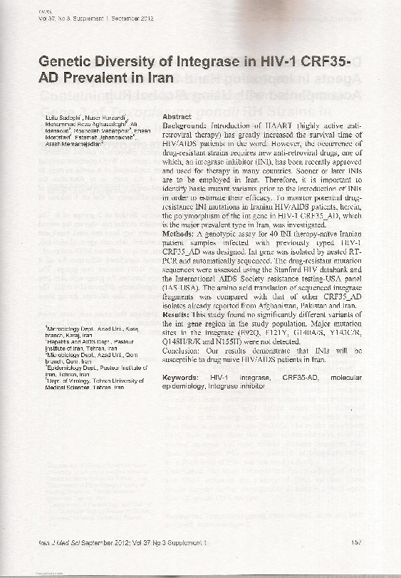(PDF) Genetic Diversity of Integrase in HIV-1 CRF35-AD Prevalent in Iran