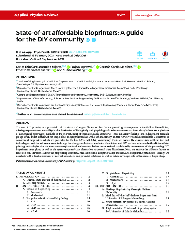 (PDF) State-of-art affordable bioprinters: A guide for the DiY community