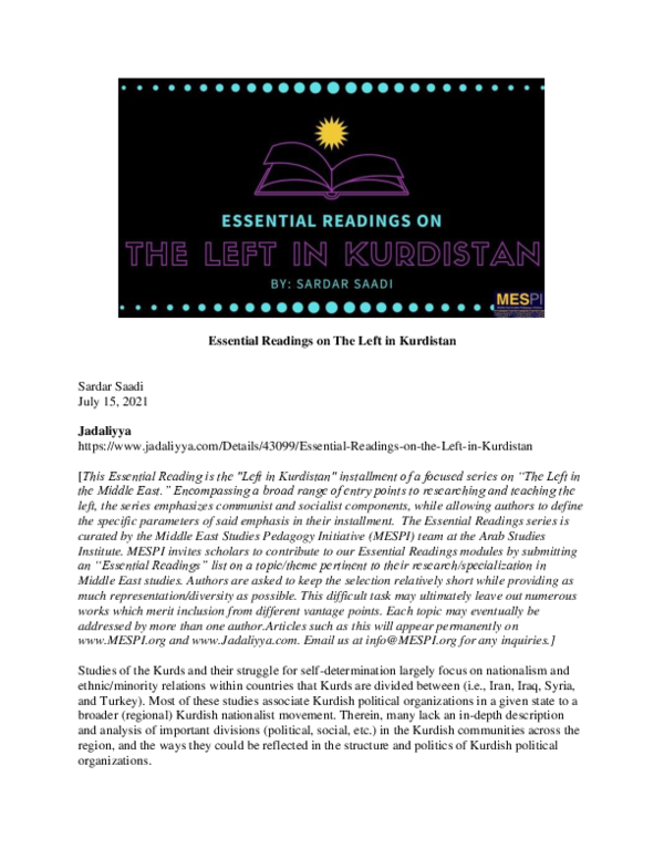 First page of “Essential Readings on The Left in Kurdistan”