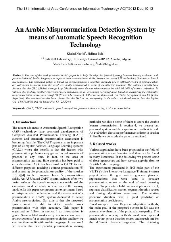 (PDF) An Arabic Mispronunciation Detection System by means of Automatic ...
